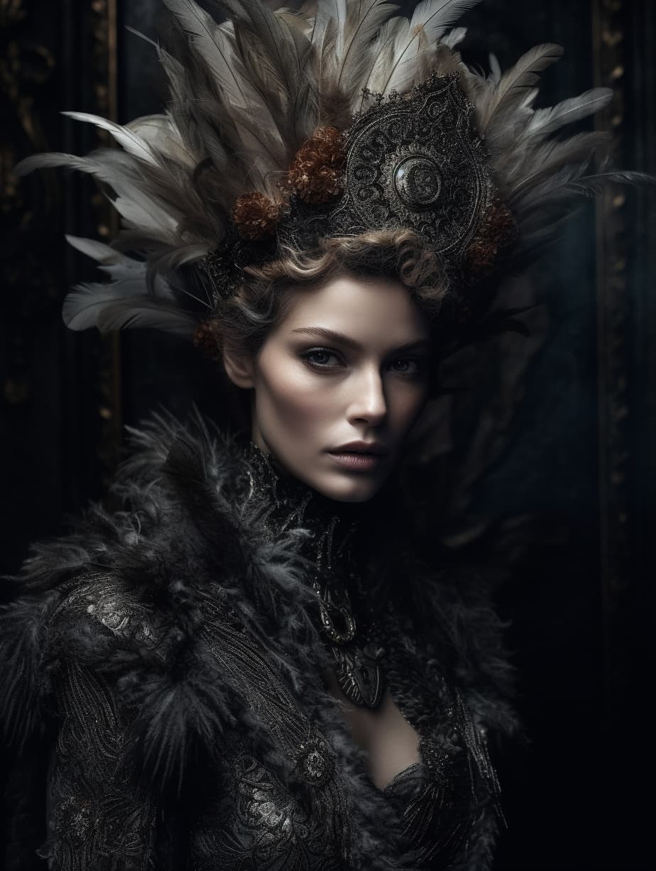 AI generated: beautiful woman mysterious oracle, incredible detailed, insanely ornamented with baroque silver deco...
