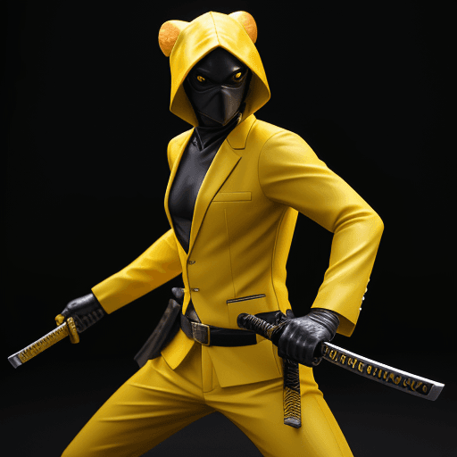 AI generated: chameleon dressed as kill bill movie main character, yellow suit, he handles a katana in his hands, ...