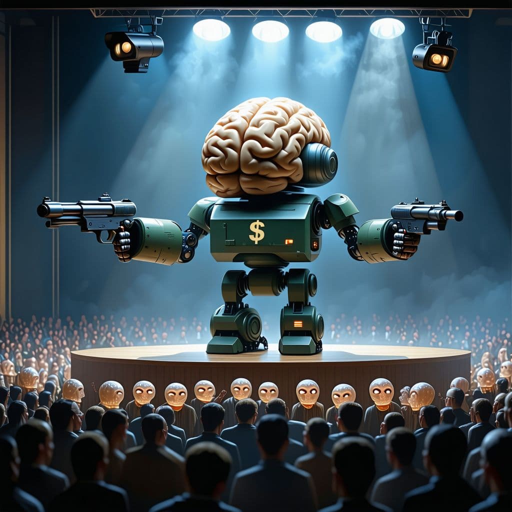 AI generated: a brain has two arms, one with a machine gun, one with a bag of dollar, the head of brain has a CCTV...