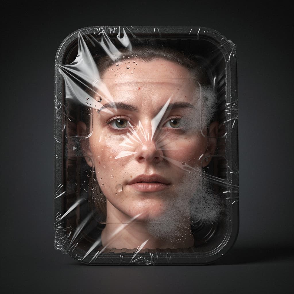 AI generated: A hyper-realistic digital illustration of a human face presented inside a black plastic food tray, t...