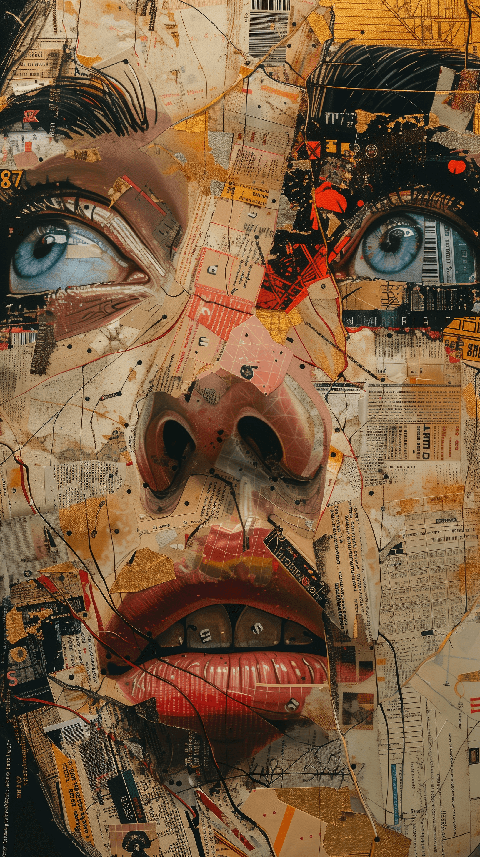 AI generated: artistic, collage, portrait, front, synthetic human, complexity with details, eye detailing, limited...