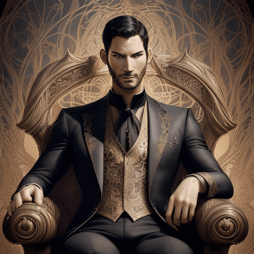 AI generated: tom ellis ( lucifer ) portrait sitting in art nouveau burning chair, fantasy, intricate devilish des...