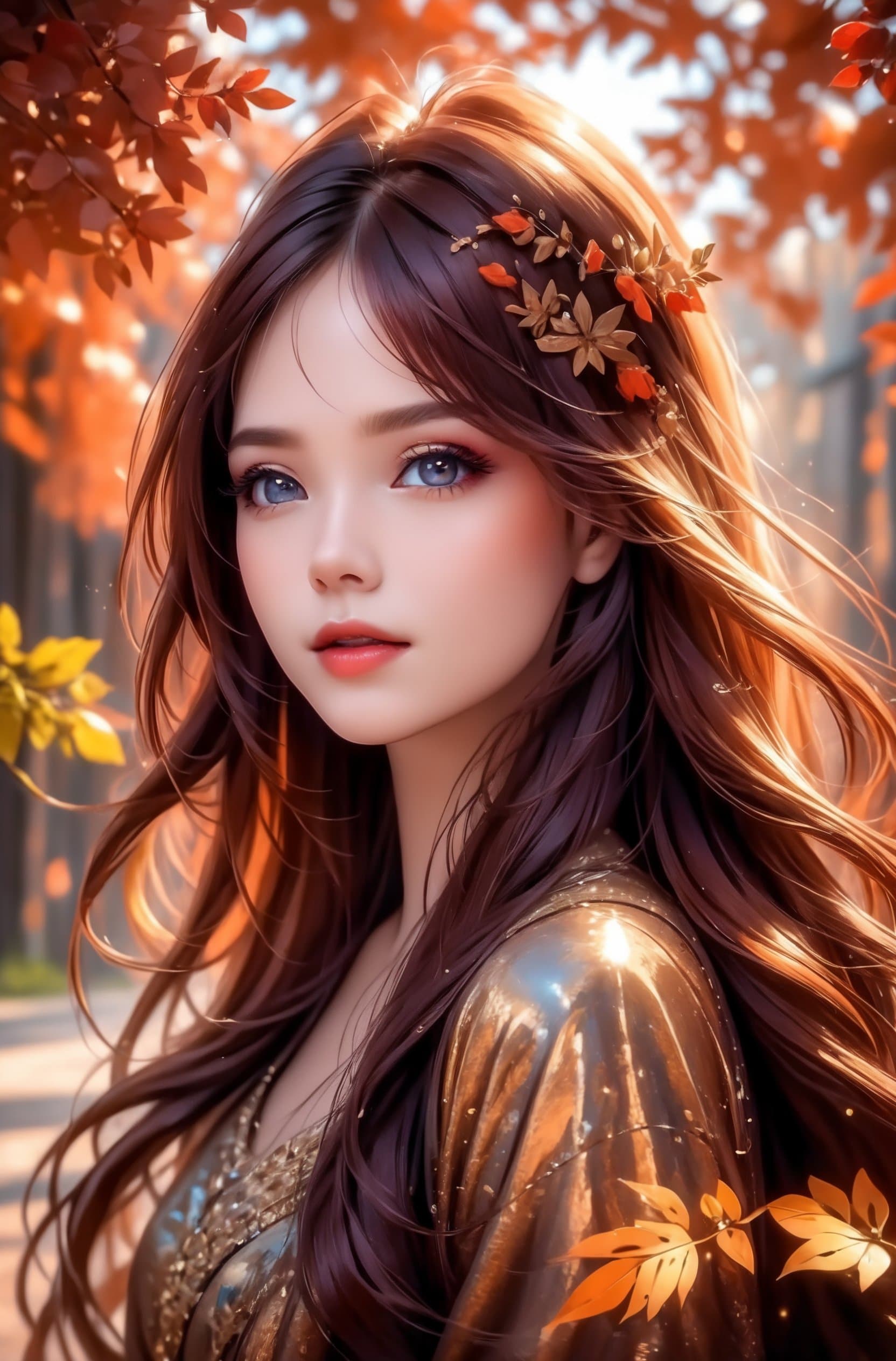 AI generated: (girl with super long hair, hair becoming autumn red leaves:1.3), detailed skin, realistic, photo-re...