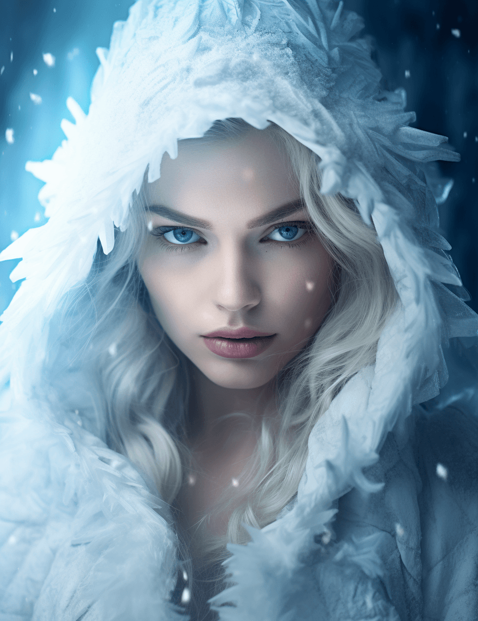 AI generated: A ice based supermodel wearing a white, in the style of fantasy characters, strong facial expression...