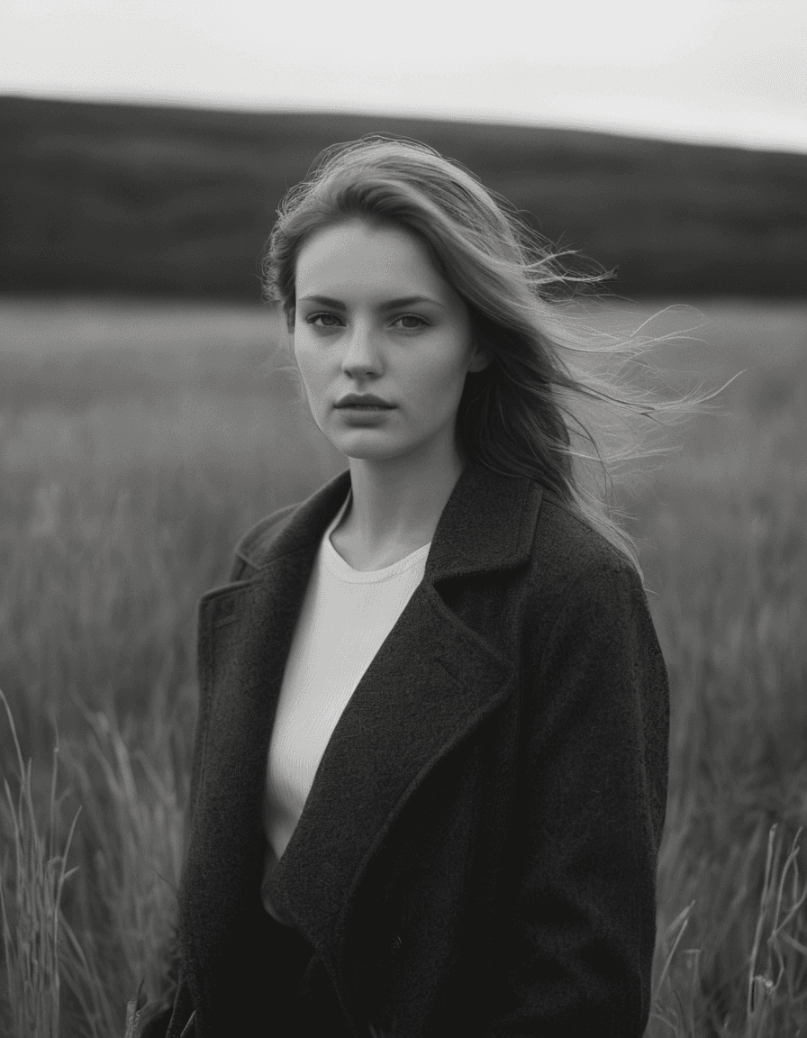 AI generated: a young woman in black coat standing in the high grass, black and white photography, elegant, intric...