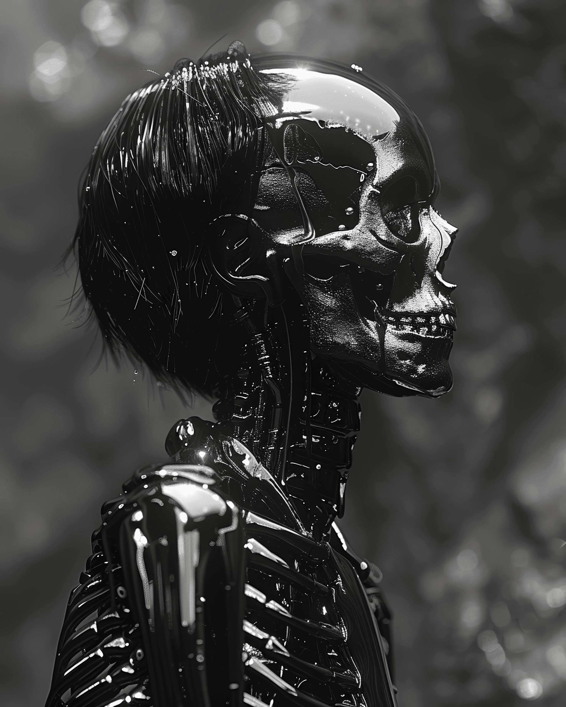 AI generated: short hair woman dressed in transparent skeleton in a dark room, in the style of vray tracing, detai...