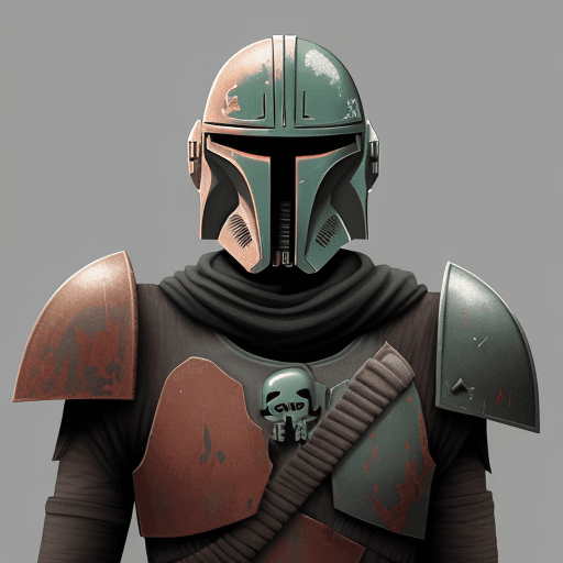 AI generated: one undead skeleton, in old mandalorian armer. armer rusty and falling off of skeleton. black dackgr...