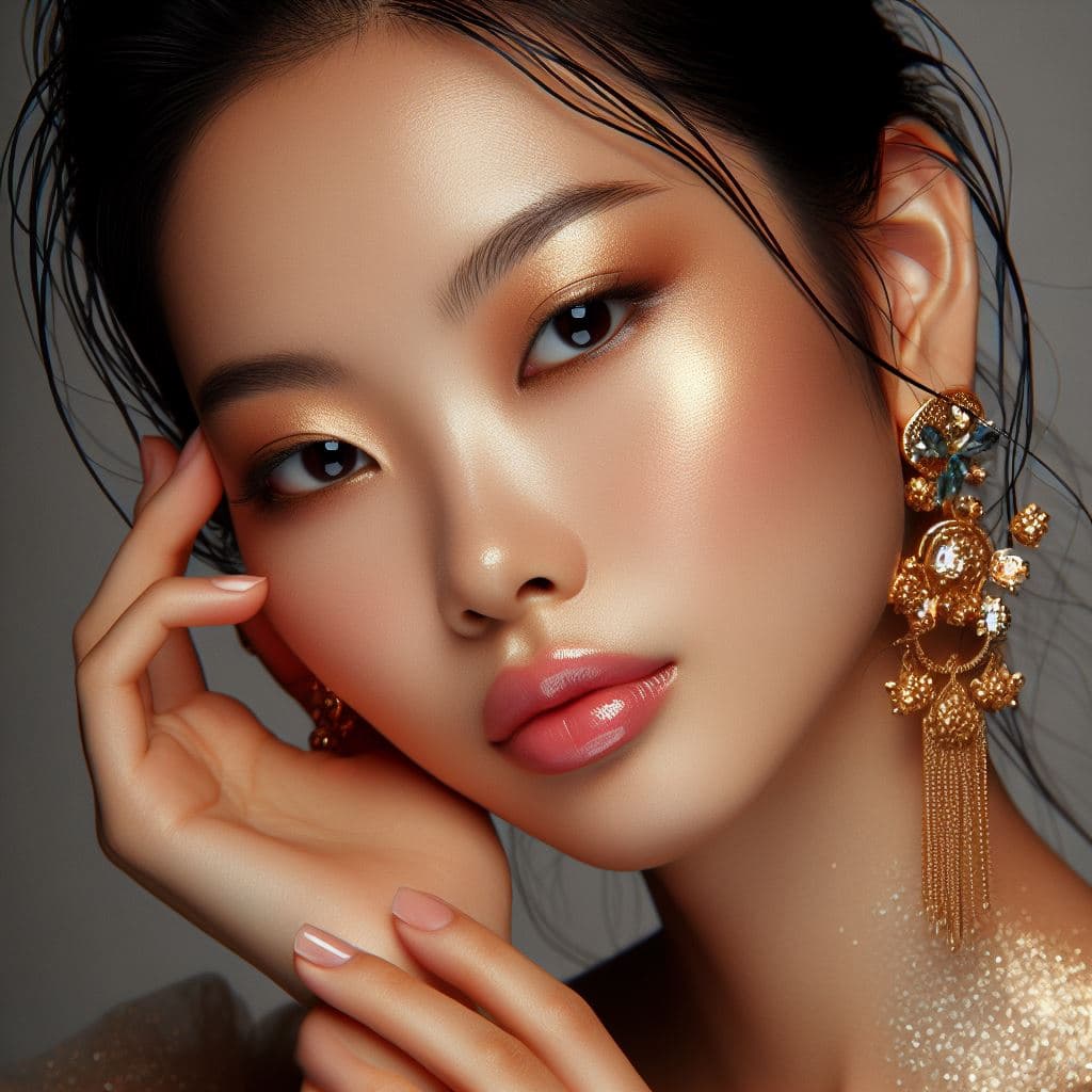AI generated: ASIAN woman with golden Earings , in the style of dmitry kustanovich, delicate modeling, photobashin...
