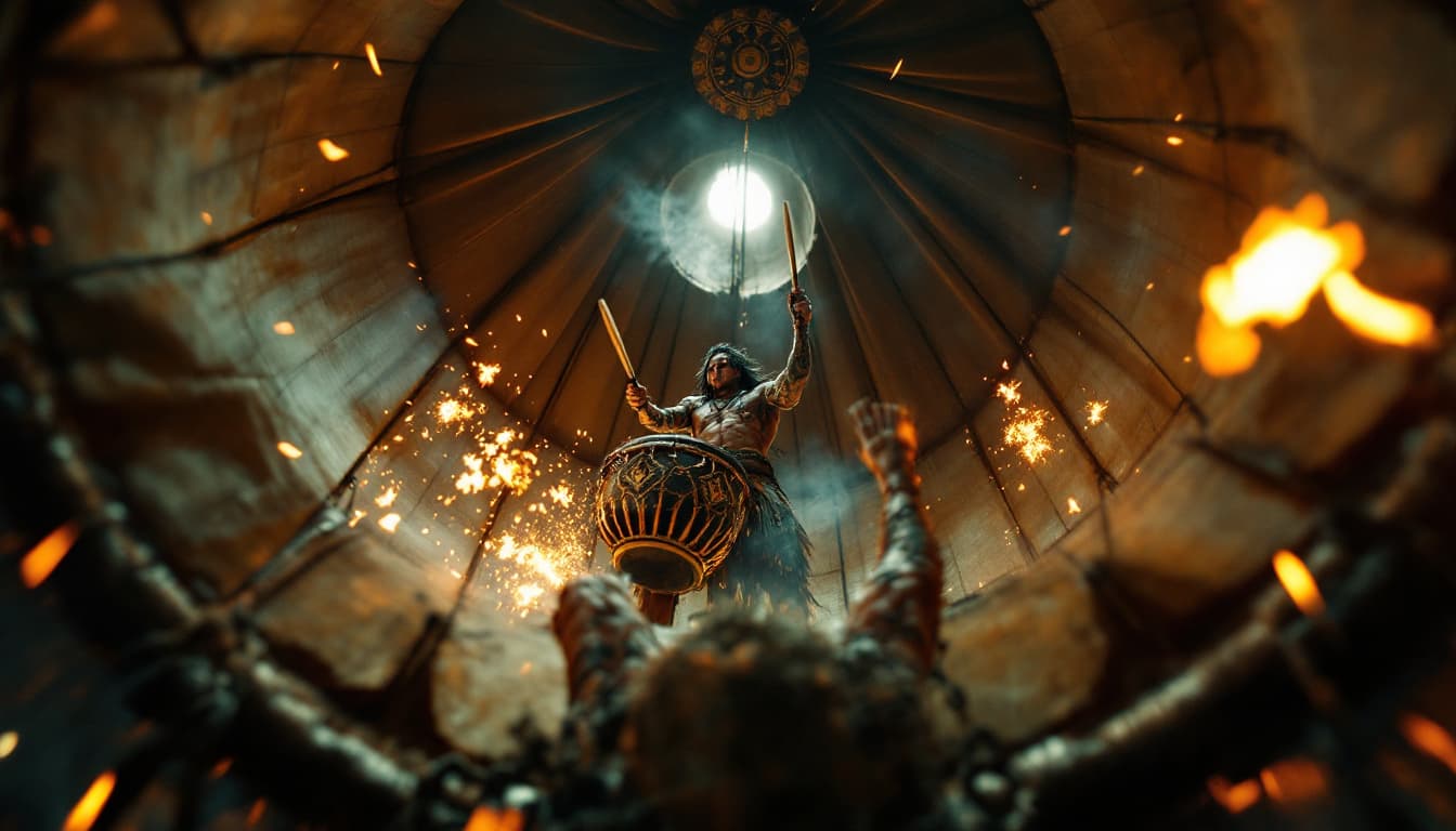 AI generated: Inside a Hanging Ritual Drum (Low-Angle Shot – Shallow Depth of Field)
The camera is inside a massiv...