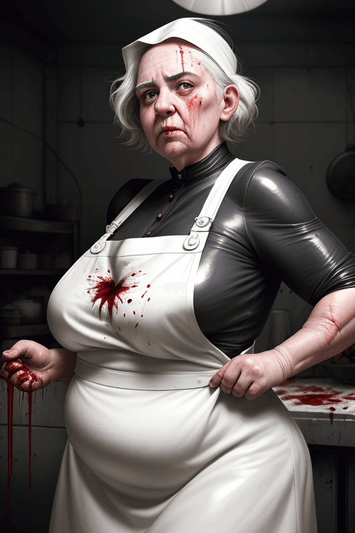 AI generated: RAW photo, low key, cinematic composition, fat  ugly elderly female butcher, woman, rim light, blood...