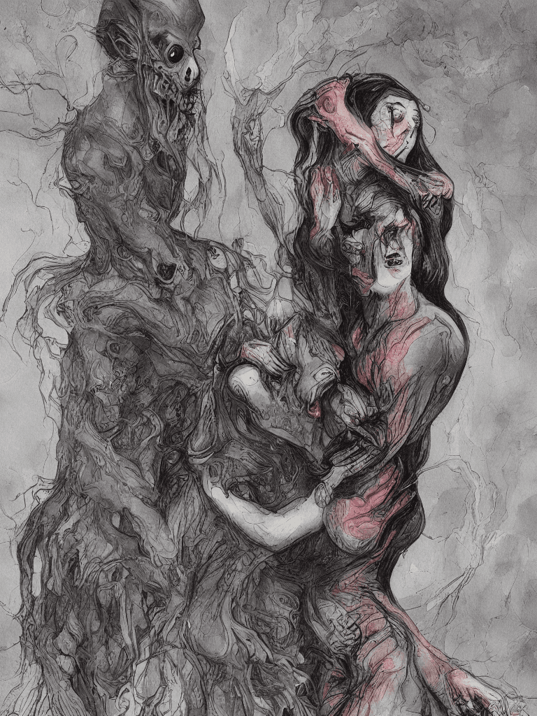 AI generated: woman being hugged from behind by an evil specter, horrifying, scary, fantastical colors, dark, horr...