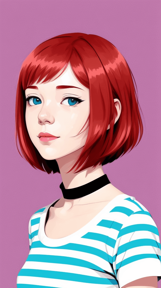AI generated: [1girl 16 years old, smile, (short red hair:1.2), blue eyes, (white striped t-shirt:1.2), blue jeans...