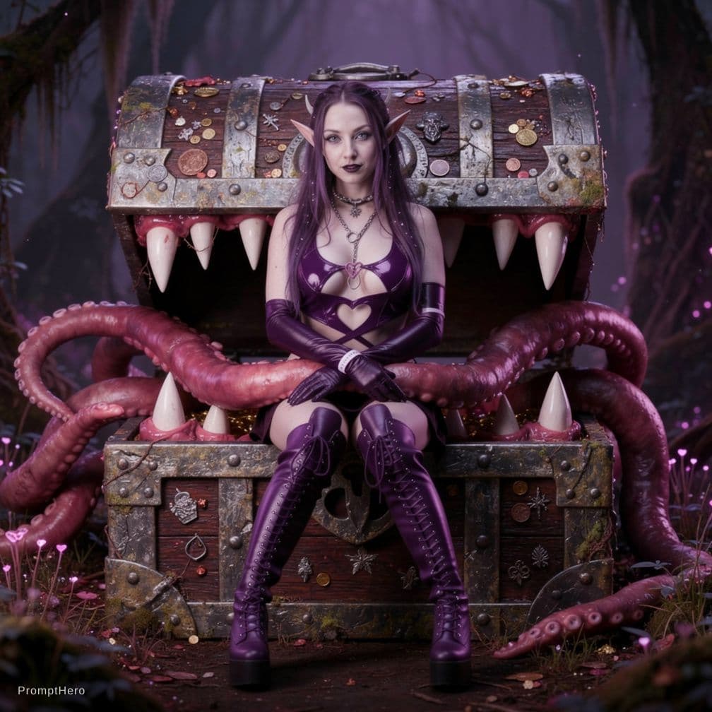 AI generated: have her captured by a chest mimic in its phallic tentacles coming out of its toothy mouth, she is i...