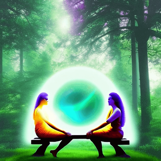 AI generated: color photo of a pair of ethereal auras close to each other, radiating love and connection, seated o...
