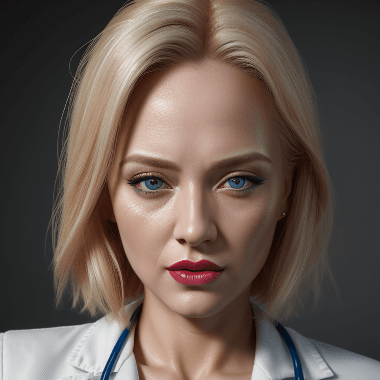 AI generated: hyper realistic headshot photo of a female doctor, very beautiful, make-up, lipstick, blond hair, lo...