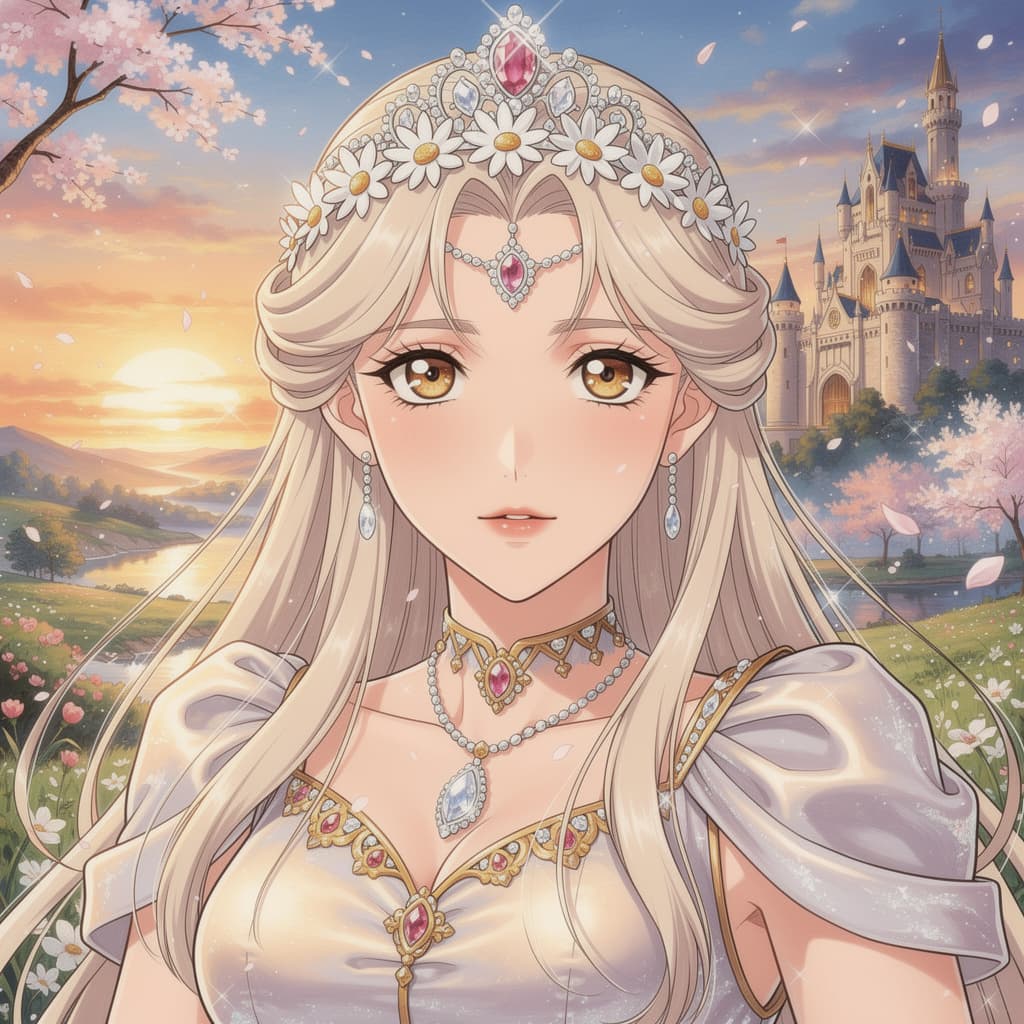 AI generated: A noble anime princess from the royal dynasty with a delicate daisy crown and a sparkling diamond ti...