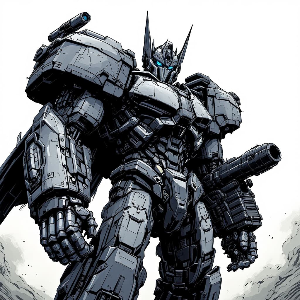 AI generated: Megatron the decepticon from transfrormers, grey and black, massive cannon on right arm standing arm...