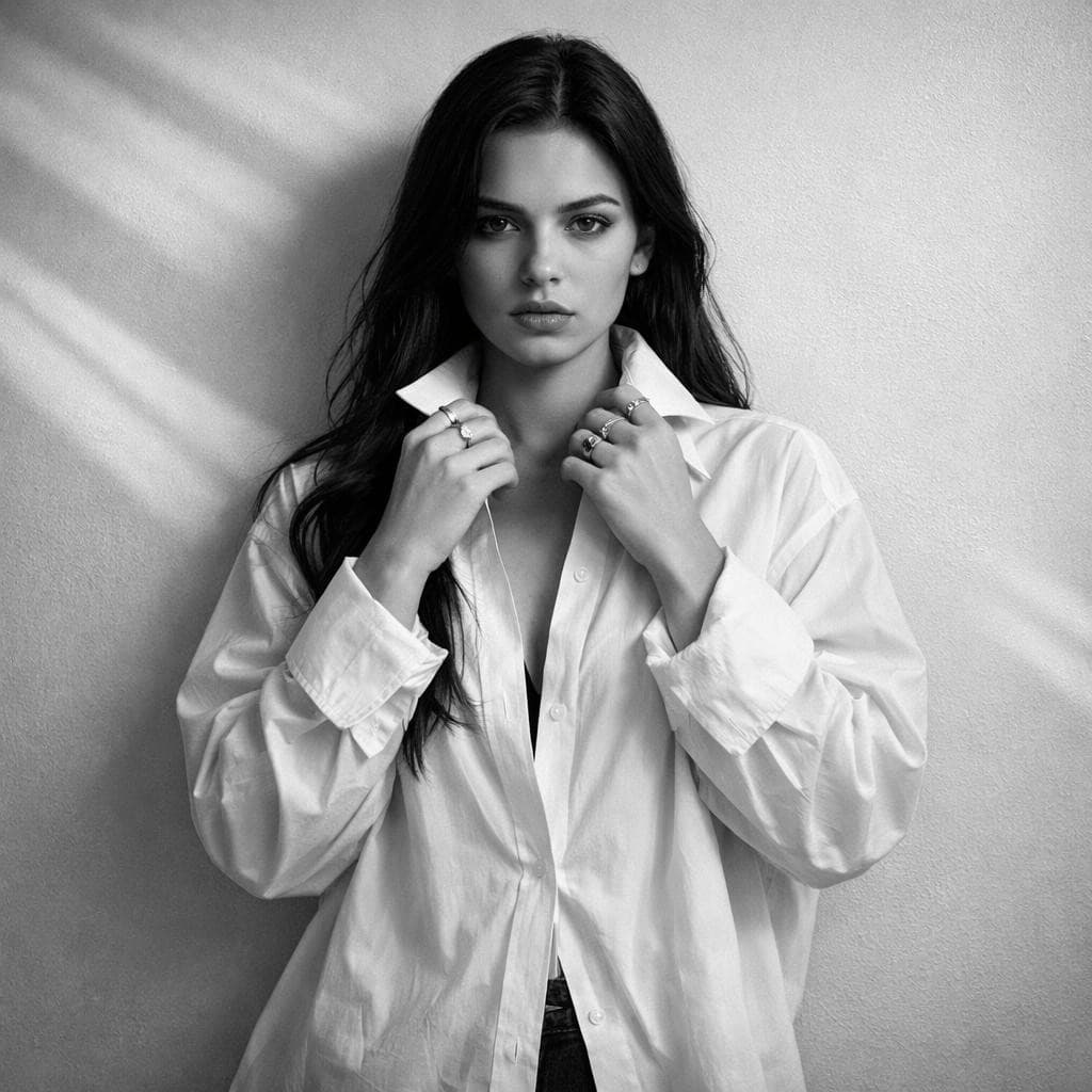 AI generated: Create a striking black and white image of a confident young woman with long, dark hair cascading ov...