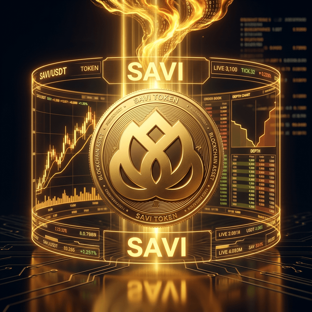 AI generated: Futuristic SAVI token coin with S emblem floating in a beam of light,
  golden energy flowing into t...