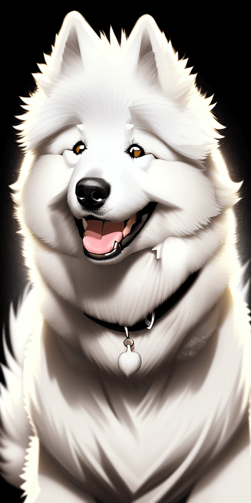 AI generated: smiling/happy white samoyed dog siting, black background for my phone lockscreen leave some space ab...