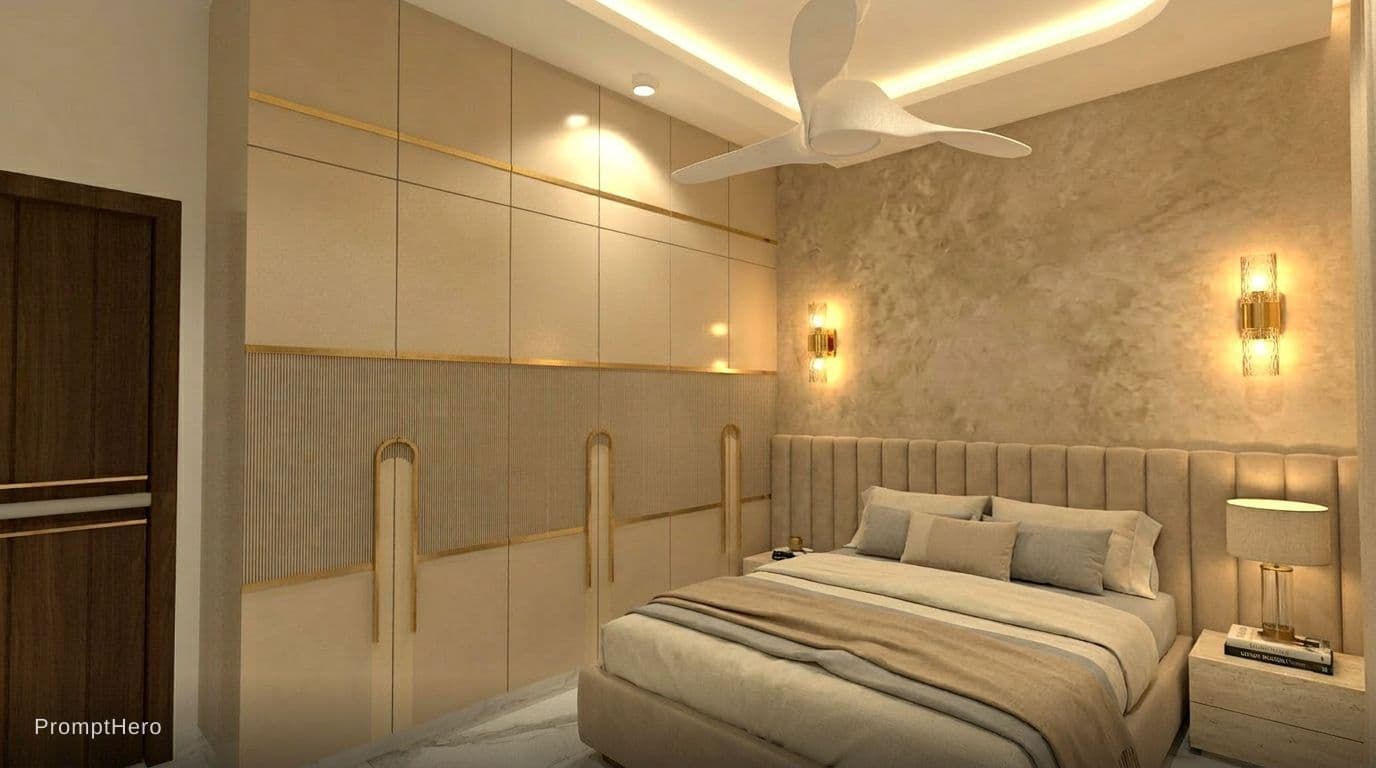 AI generated: Luxury contemporary bedroom interior in warm beige palette. Minimal padded headboard with vertical c...