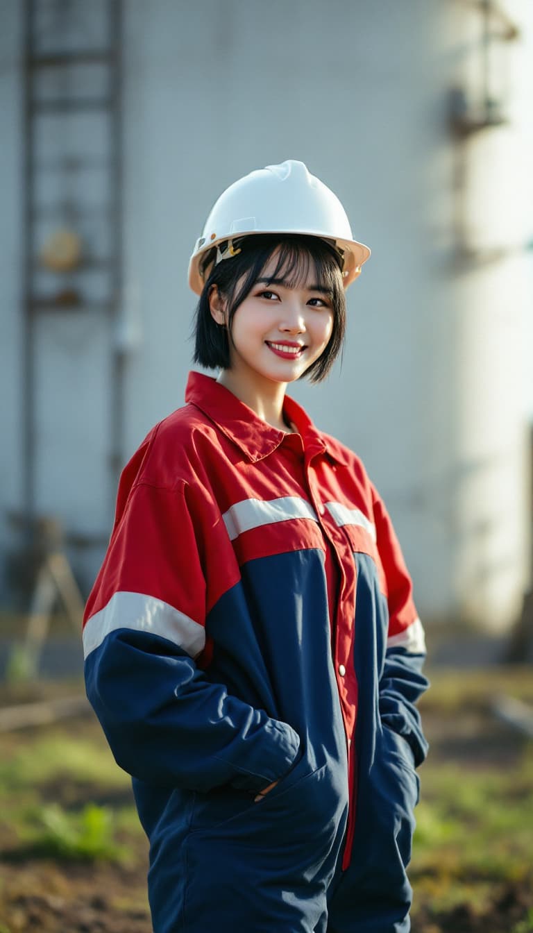 AI generated: A korean man with black undercut hair, and a worn a red and blue safety coverall for oil and gas wor...