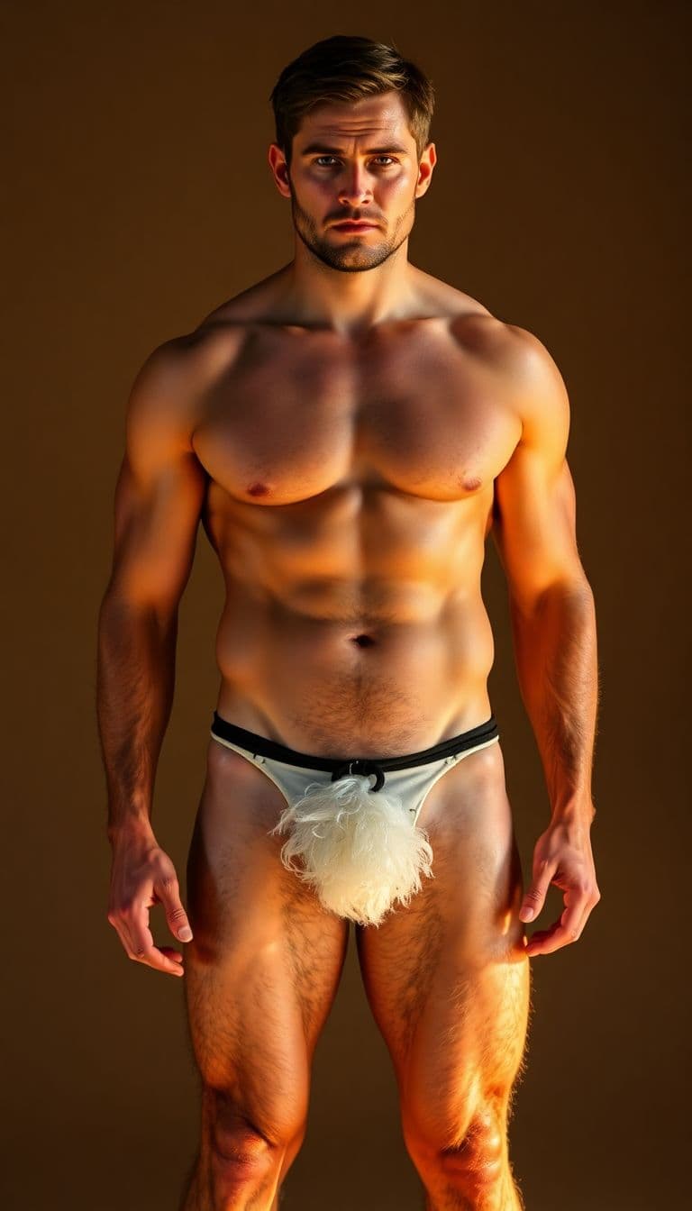 AI generated: Henry Cavill ((nude frontal body)), big muscles and big butt, in his thirties, He wears a tiny ((flo...
