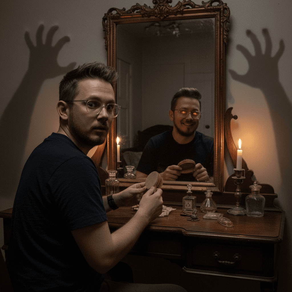 AI generated: {
  "title": "Mirror_Reflection_Horror_Scene",
  "type": "image",
  "identity_reference": {
    ...