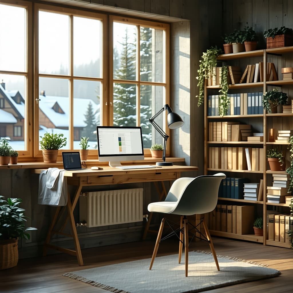 AI generated: A cozy Scandinavian home office, natural oak desk, ambient lighting from a floor-to-ceiling window, ...