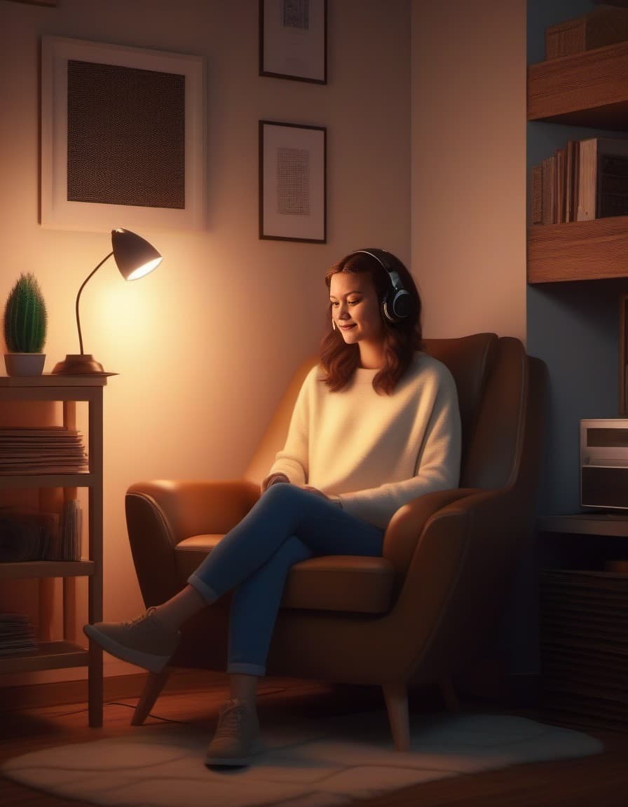AI generated: An 3d image of a young teenage girl in a dimly lit room, listening to chill music. She is dressed in...
