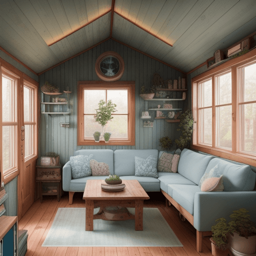 AI generated: High resolution photography tiny home interior design, dreamy sunken living room conversation pit, w...