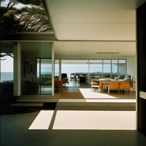 AI generated: Hyper realistic eye level exterior photo of a mid century modern style house overlooking the ocean, ...