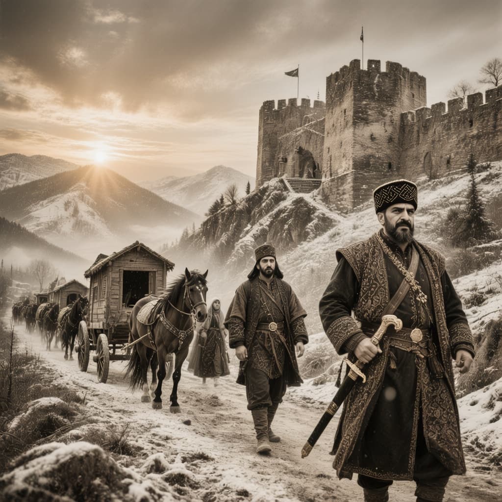 AI generated: Historical Ottoman scene 1510s, Yavuz Sultan Selim era, Amasya fortress background, brave Ottoman be...