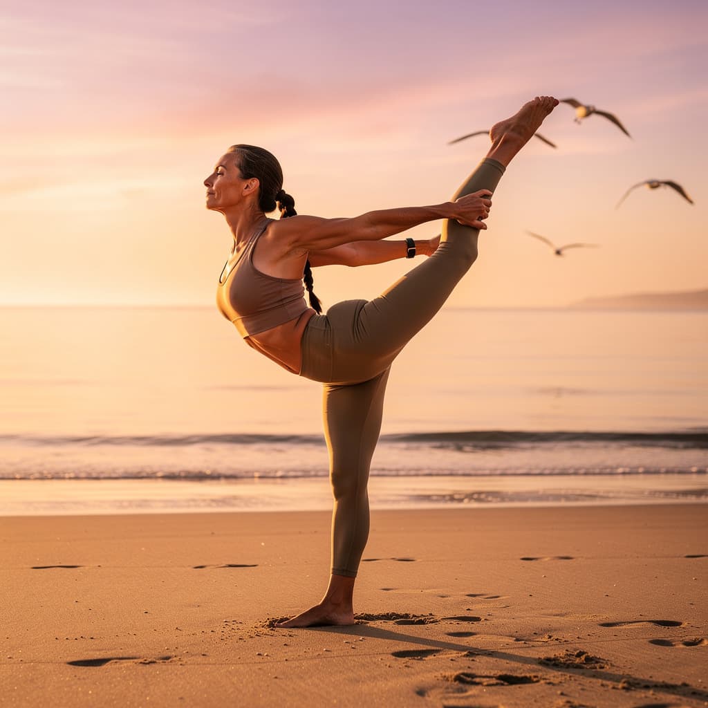 AI generated: A tranquil yoga instructor in her early 40s demonstrates a challenging pose on a beach at sunrise. S...