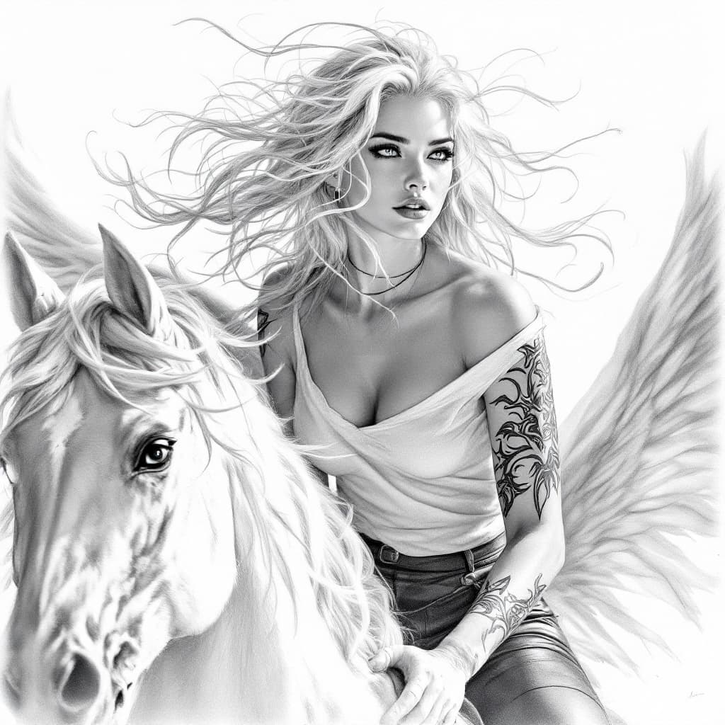 AI generated: color pencil drawing, (beautiful woman:1.2), long white wavy hair blown by wind, strands of hair in ...