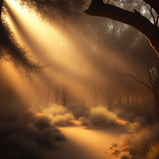 AI generated: enchanting desert with sunlight streaming through the trees and a sense of mystery, high quality, ph...