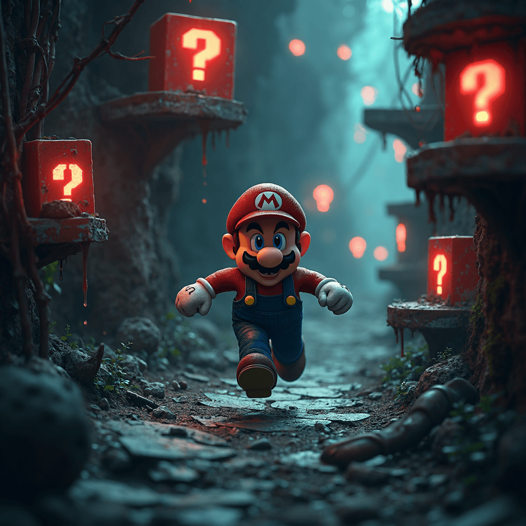AI generated: In a haunted, eerie version of Mario's world, Mario sprints down a dark, twisted path lined with cru...