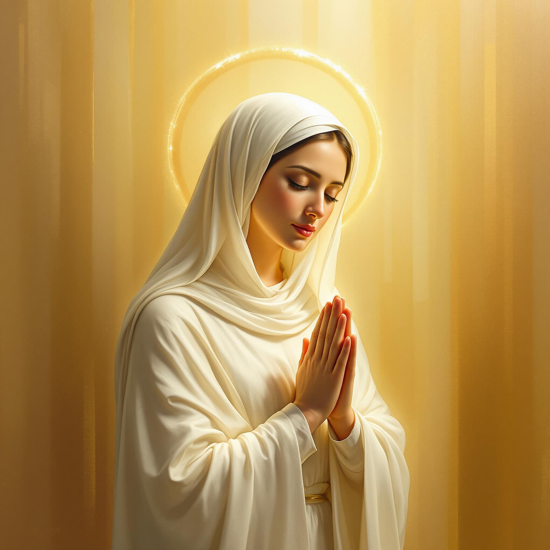 AI generated: A spiritual painting of the Virgin Mary, portrayed in a calm and prayerful pose. She wears a modest ...