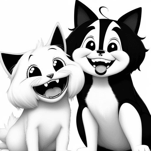 AI generated: Cute pets, cartoons, anime, big smiles,{{{{{{black and white style}}}}}}