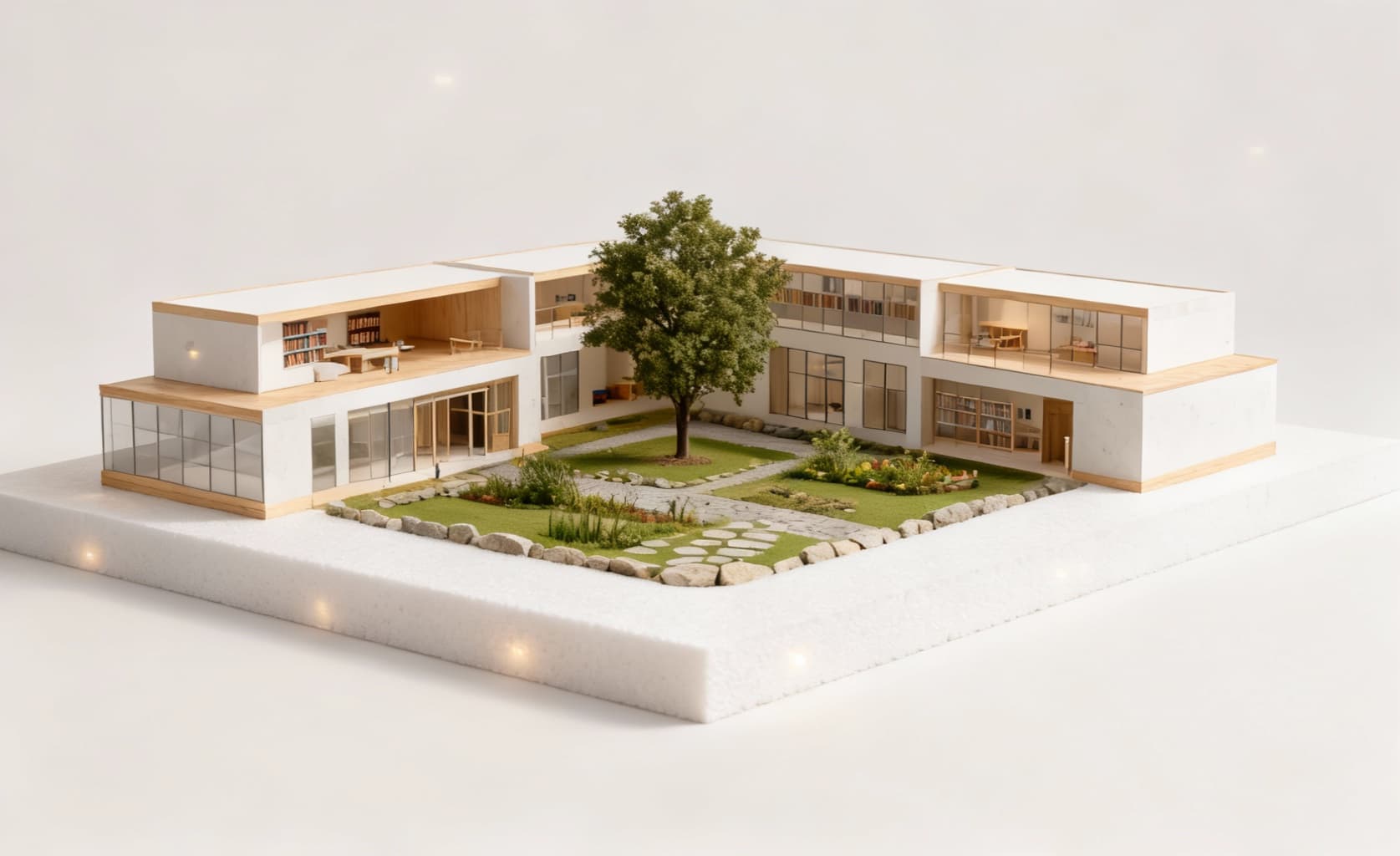 AI generated: A minimalist architectural model of a modern educational school complex designed according to Montes...