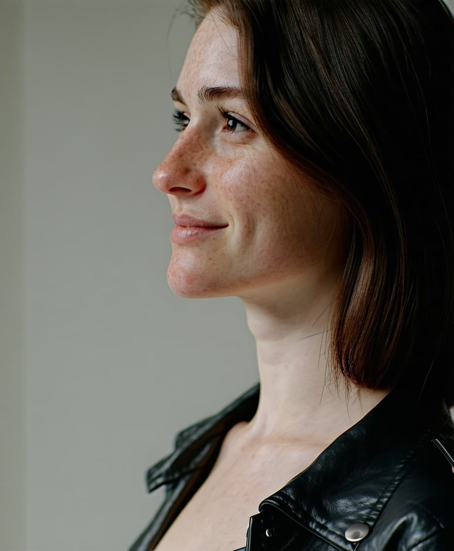 AI generated: woman, side view, slight smile, shot on a Canon A7 III, no freckles 