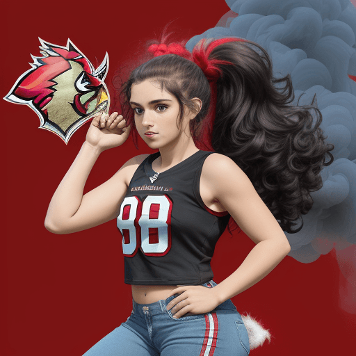 AI generated: Tinkerbell with long curly hair up in a pony tail who is next to a Arizona Cardinals helmet, wearing...