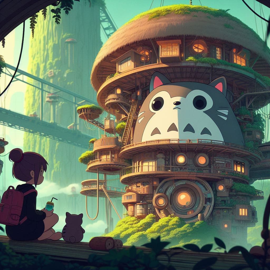 AI generated: Digital 2D, Miyazaki's style, ultimate detailed, tiny finnest details, futuristic, sci-fi, magical d...
