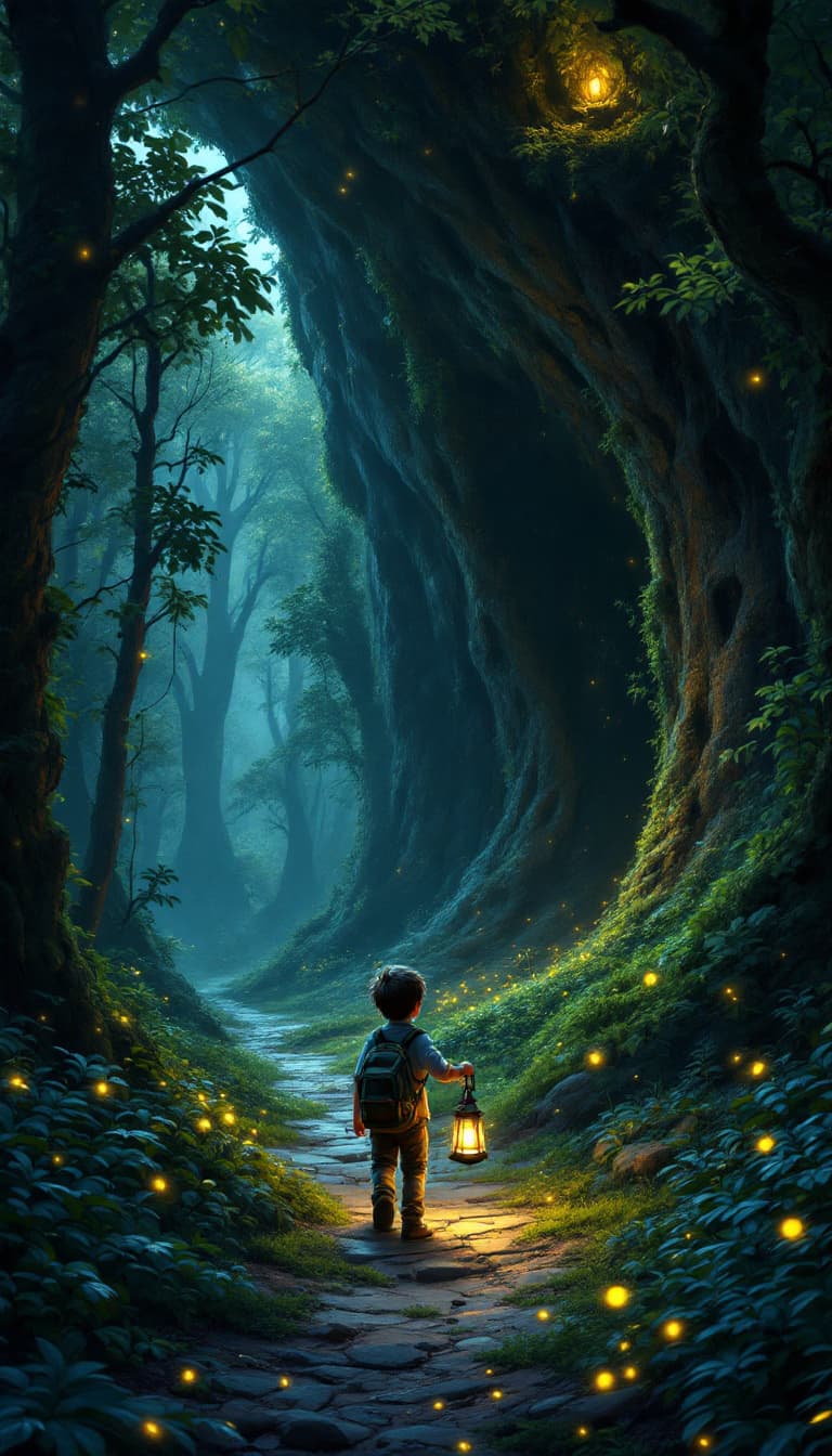 AI generated: "A dense, enchanted forest with towering trees, glowing fireflies lighting up the dark path. In the ...