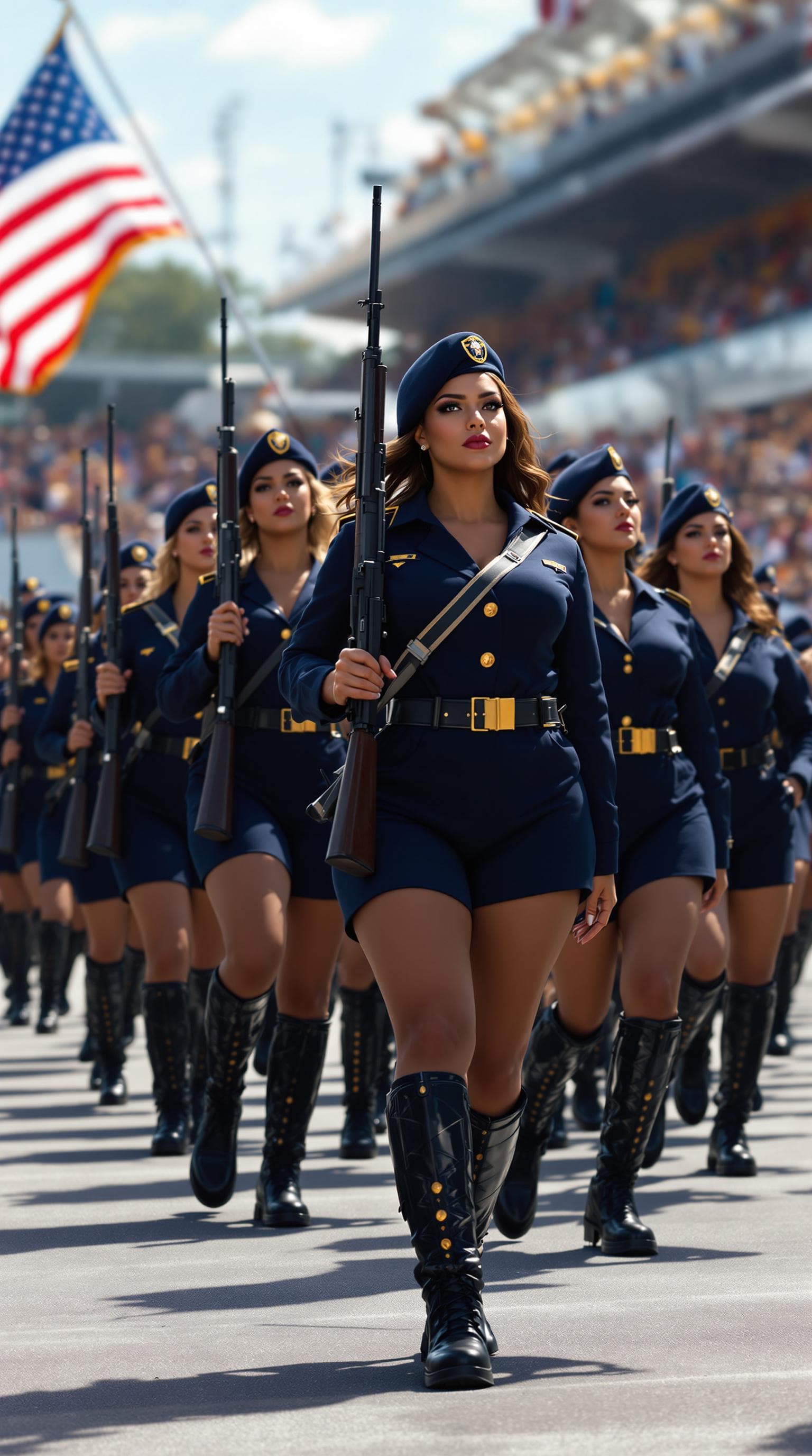 AI generated: A group of curvy and confident female soldiers marching in perfect formation during a U.S. military ...