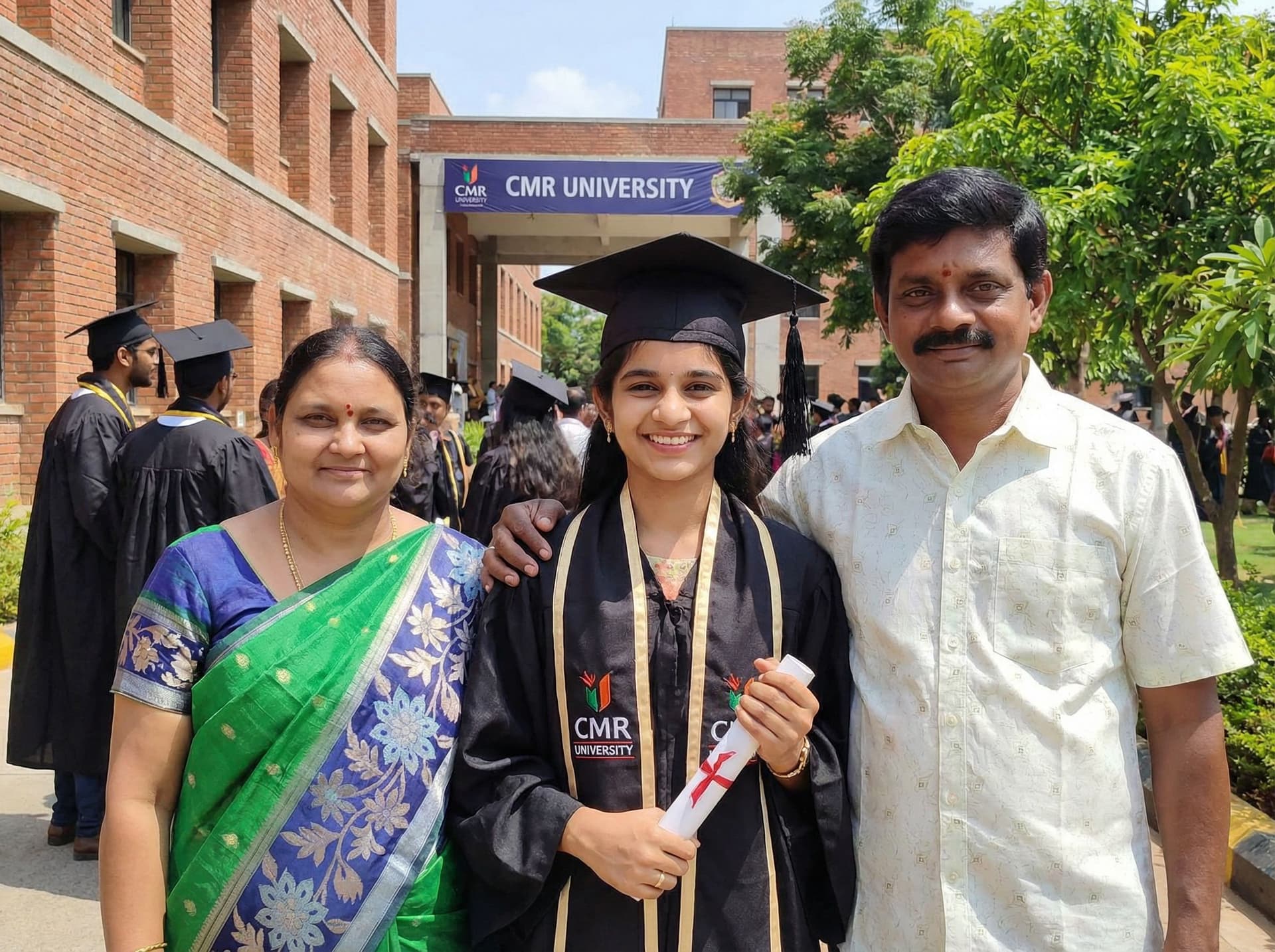AI generated: Create the picture into a graduation day where a student wearing a coat,hat in CMR university beside...