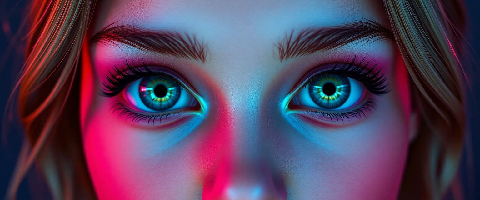 AI generated: close up beautiful girl , big beautiful eyes. , reflections, neon colors, intricate artwork . octane...