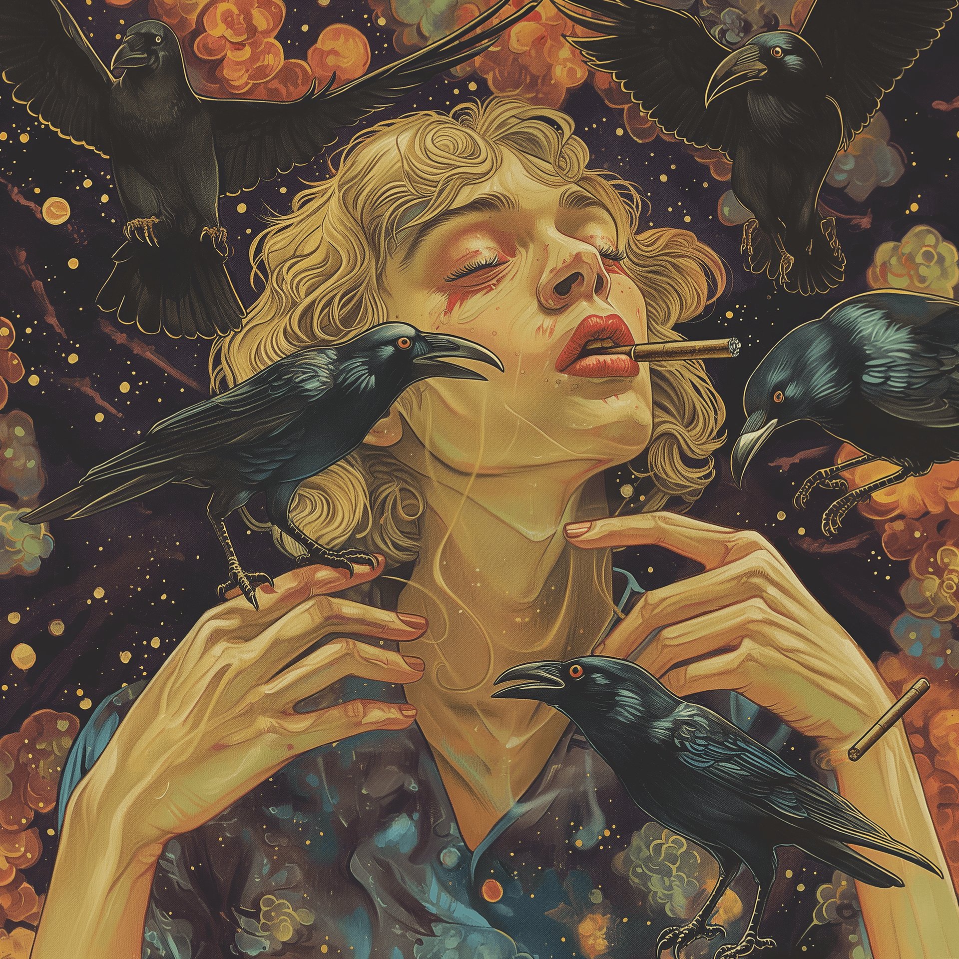 AI generated: 30 years old tomboy girl smoking surrounding by ravens, enviroment apocalypse and end of the world, ...