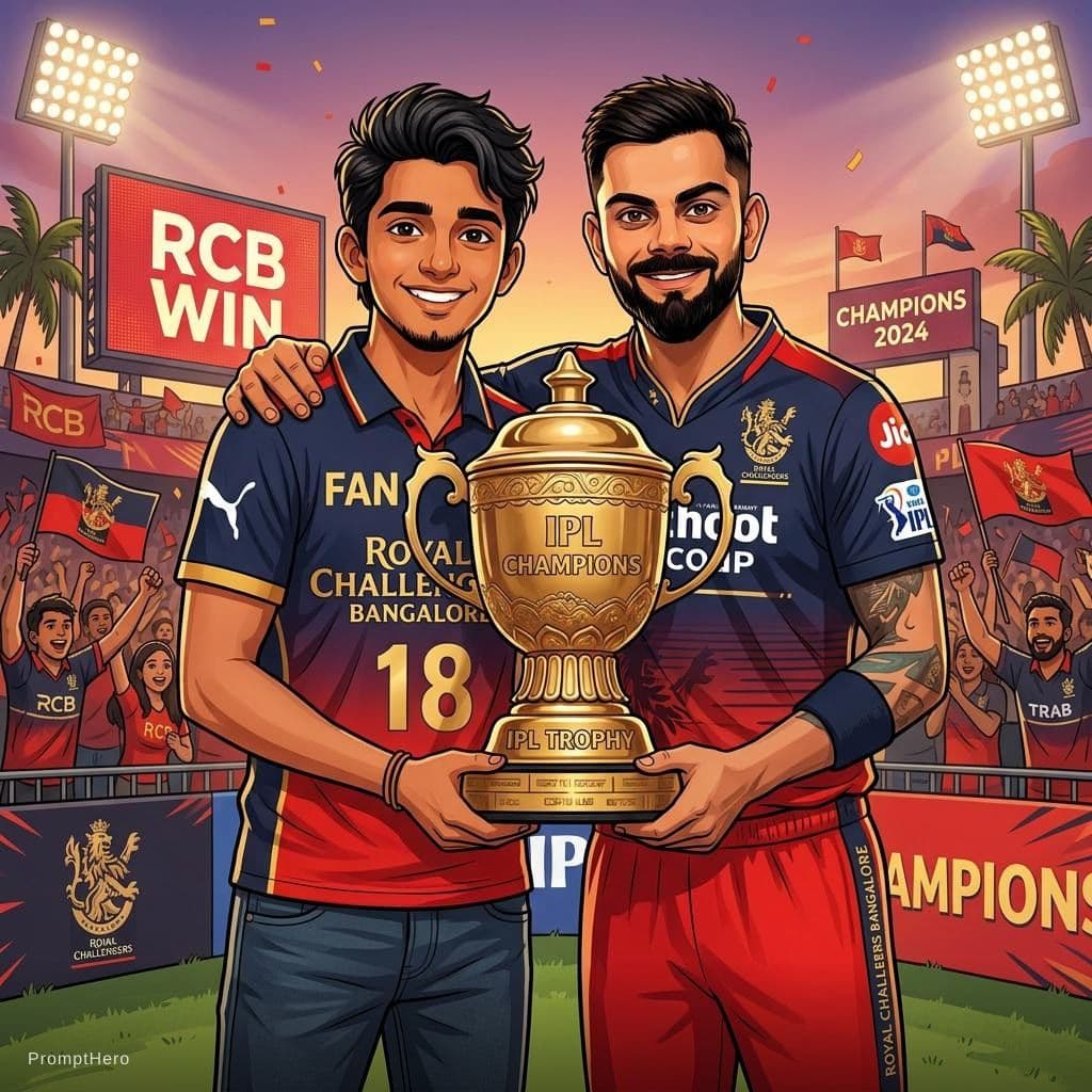 AI generated: Combine these two photos and make me to stand beside virat kohli with the ipl cup. Make virat giving...