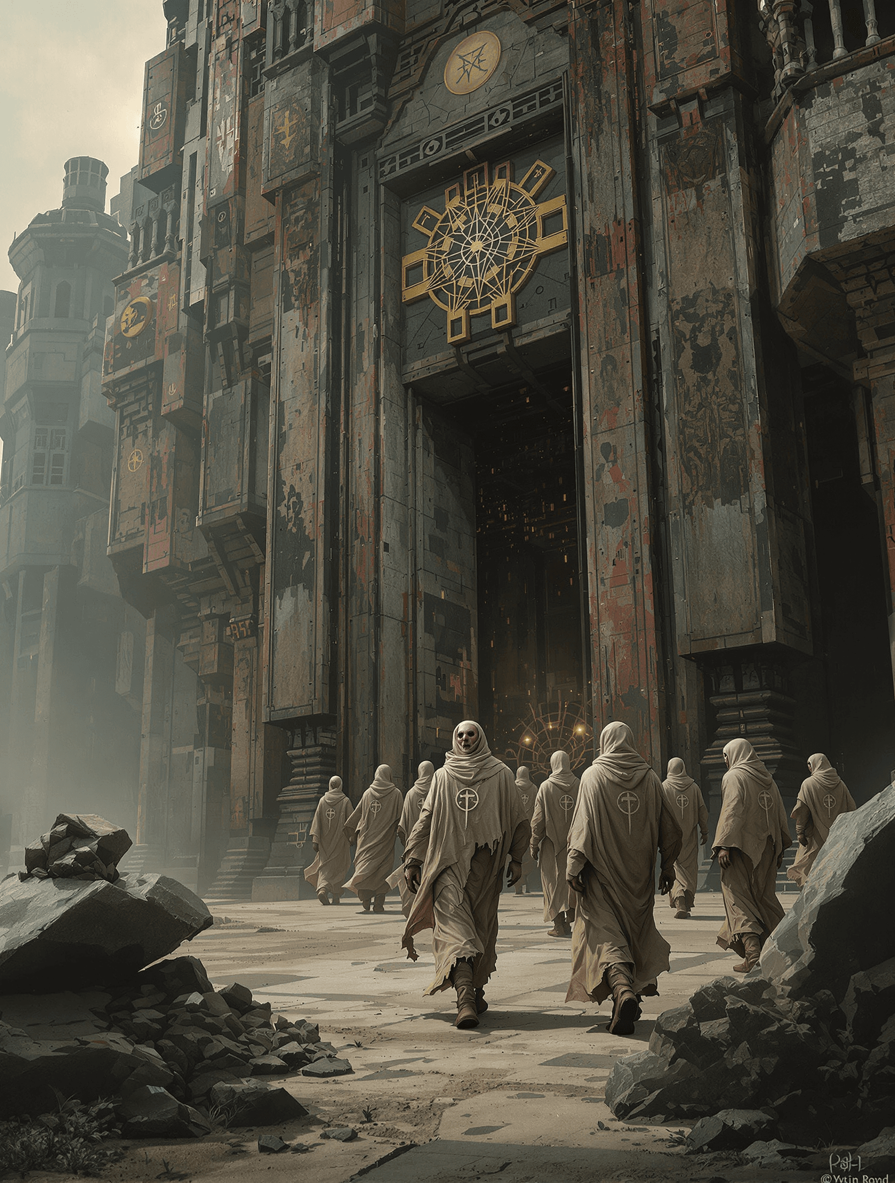 AI generated: /Artprompt Sci-fi, create a dystopian futuristic scene depicting (a group of strange mystical beings...